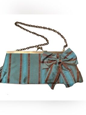Leko London Y2K Clutch Bag Taffeta Striped Teal Bronze Bow Preppy Chain Strap